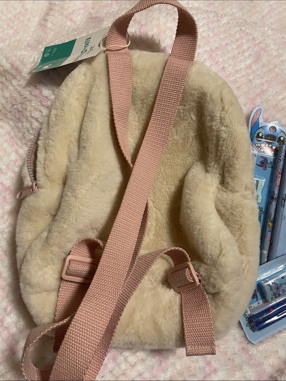 Disney Lilo & Stitch Plush Mini Backpack in Beige and Pink with Glitter Front - Picture 3 of 3